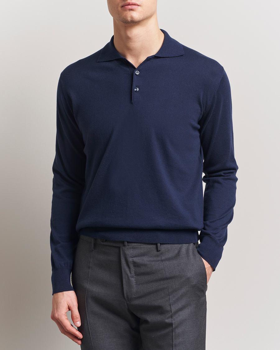 Herren | Pullover | Eton | Cotton/Cashmere Fine Knitted Polo Navy Blue