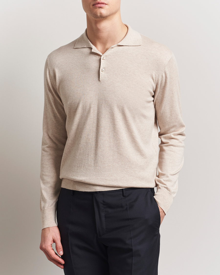 Herren | Pullover | Eton | Cotton/Cashmere Fine Knitted Polo Beige