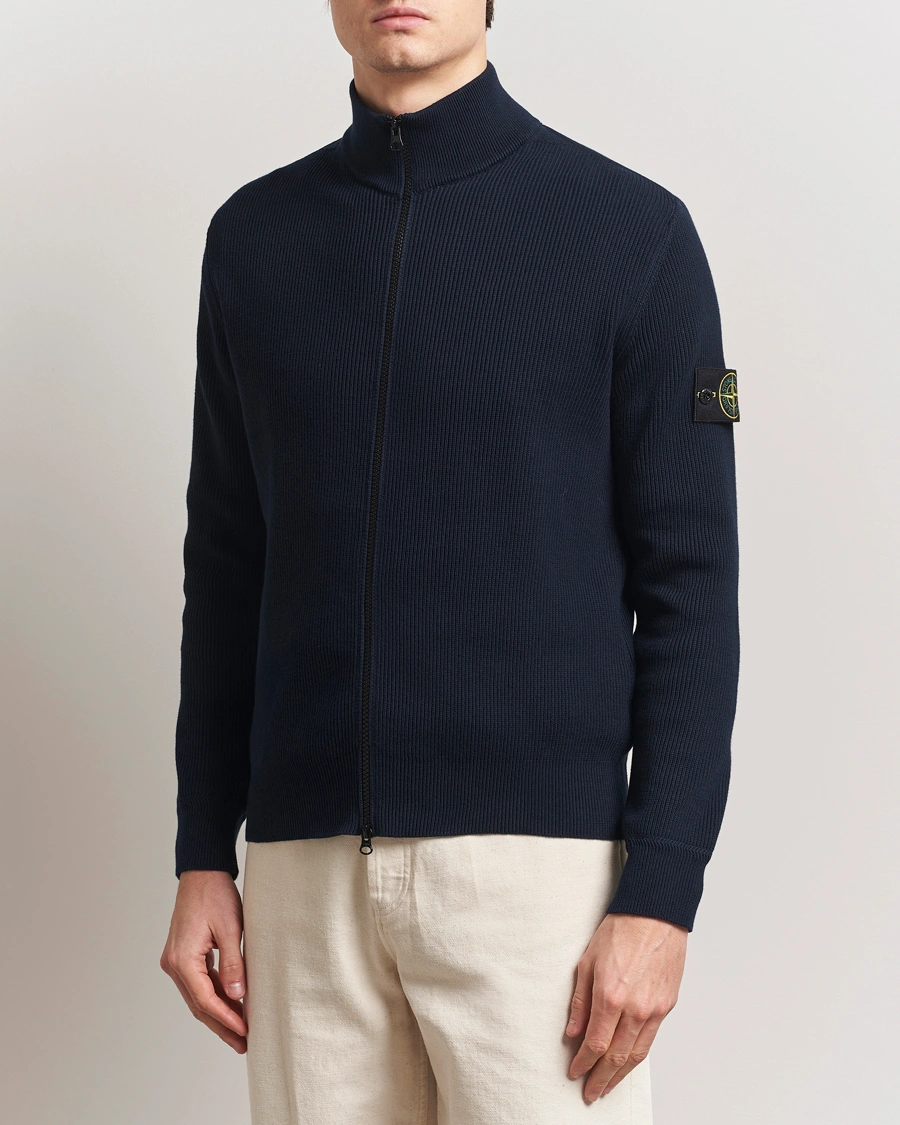Herren | Pullover | Stone Island | Ribbed Soft Organic Cotton Full Zip Navy Blue