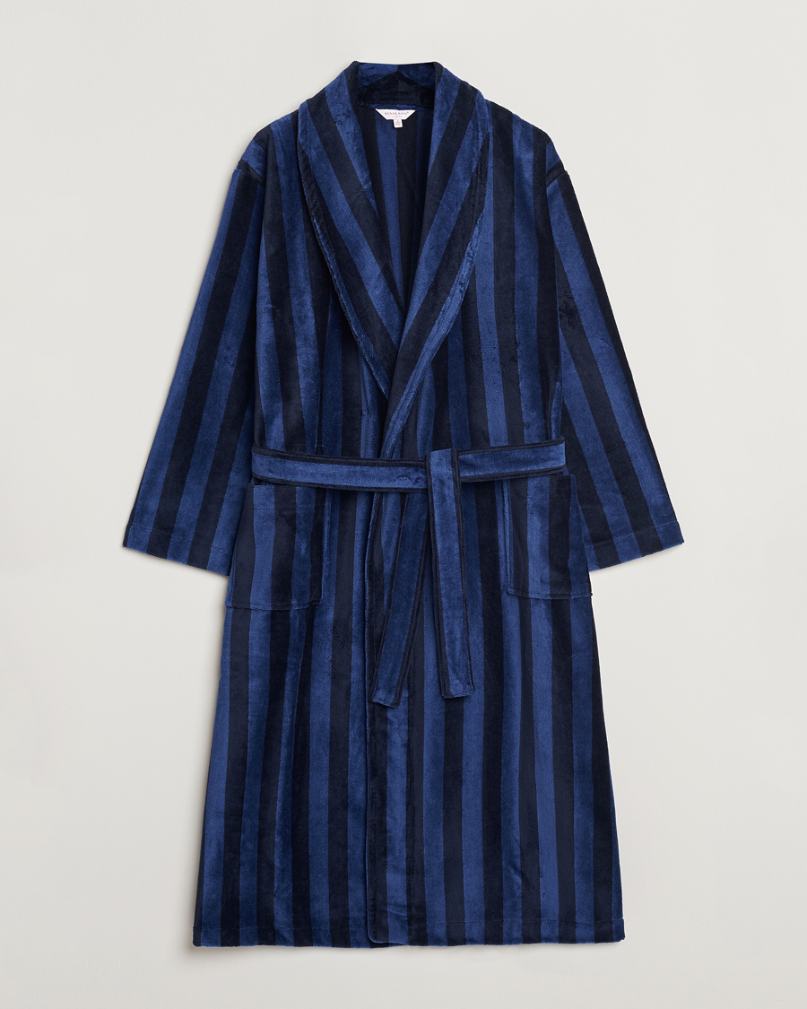 Herren | Derek Rose Cotton Velour Striped Gown Navy/Blue | Derek Rose | Cotton Velour Striped Gown Navy/Blue