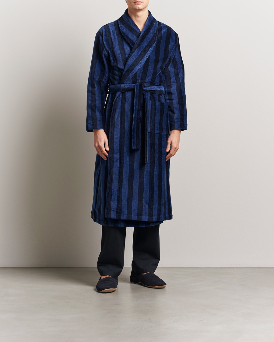 Herren | Derek Rose Cotton Velour Striped Gown Navy/Blue | Derek Rose | Cotton Velour Striped Gown Navy/Blue