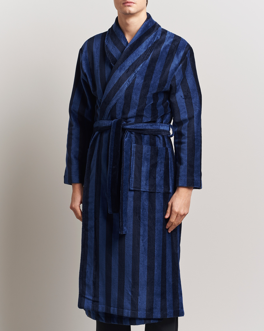 Herren | Derek Rose Cotton Velour Striped Gown Navy/Blue | Derek Rose | Cotton Velour Striped Gown Navy/Blue