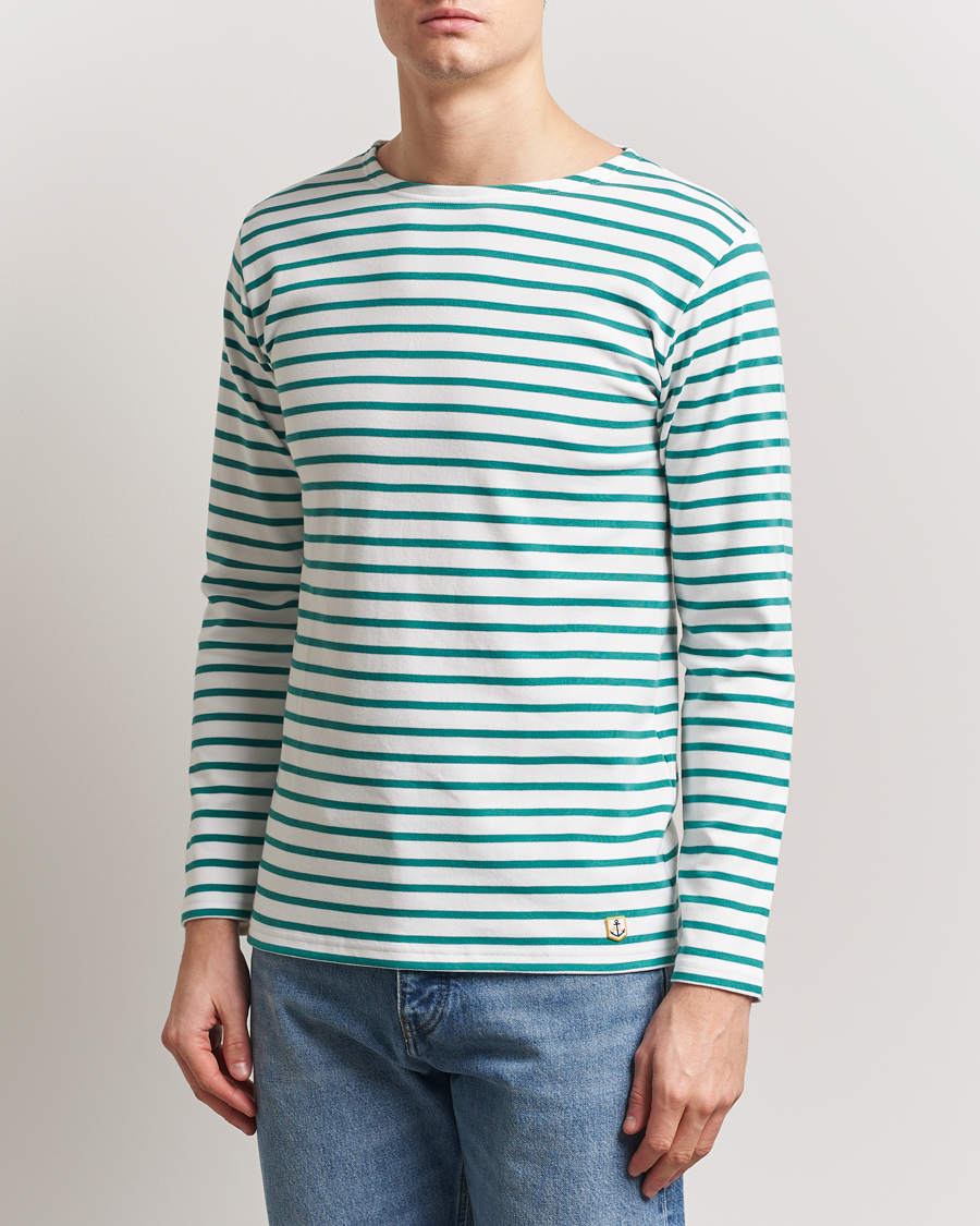 Herren | T-Shirts | Armor-lux | Houat Héritage Stripe Long Sleeve T-Shirt Milk/Deep Jungle