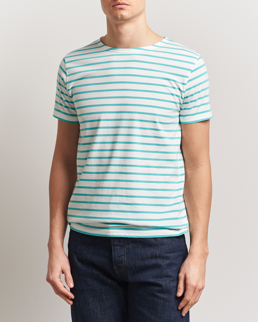 Herren | T-Shirts | Armor-lux | Hoëdic Boatneck Héritage Stripe T-shirt Milk/Laguna