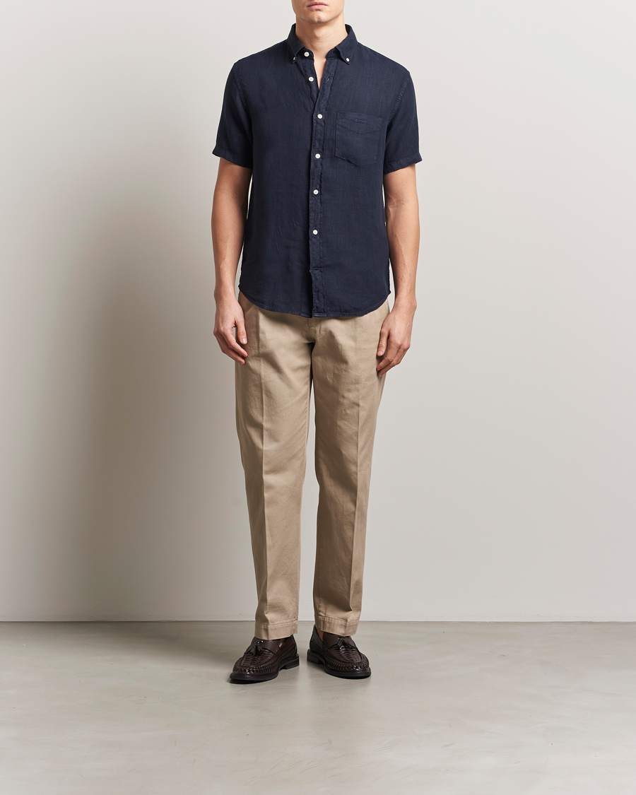 Herren | Hemden | Gant | Regular Fit Garment Dyed Short Sleeve Linen Shirt Evening Blue