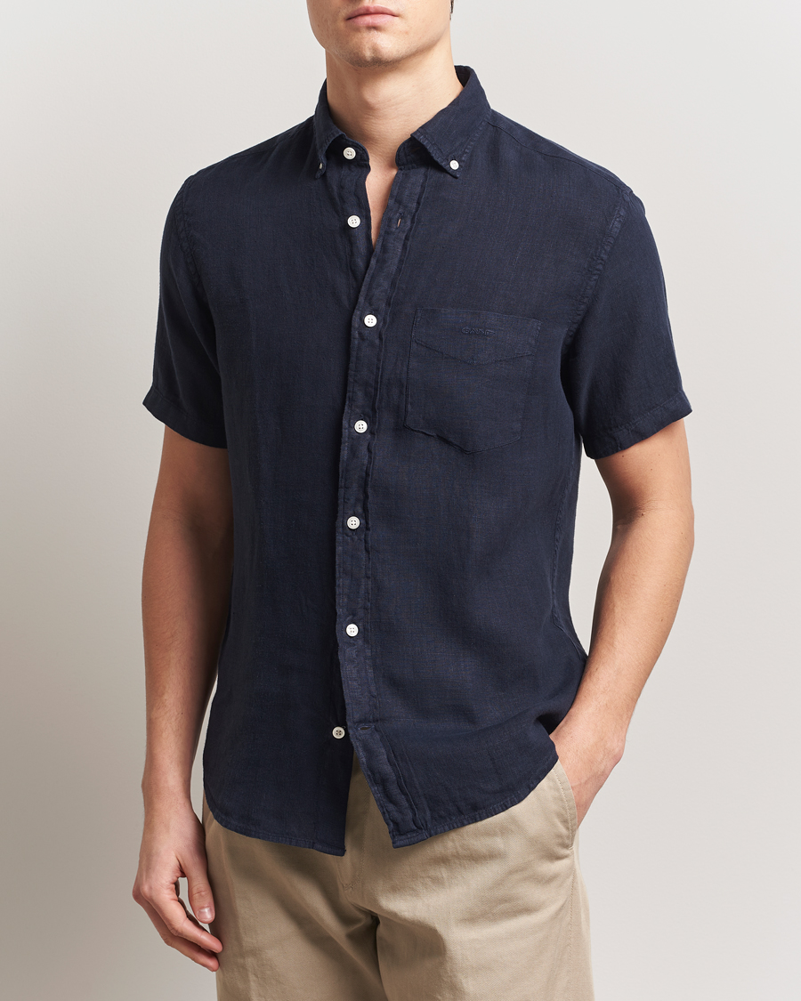 Herren | Hemden | Gant | Regular Fit Garment Dyed Short Sleeve Linen Shirt Evening Blue