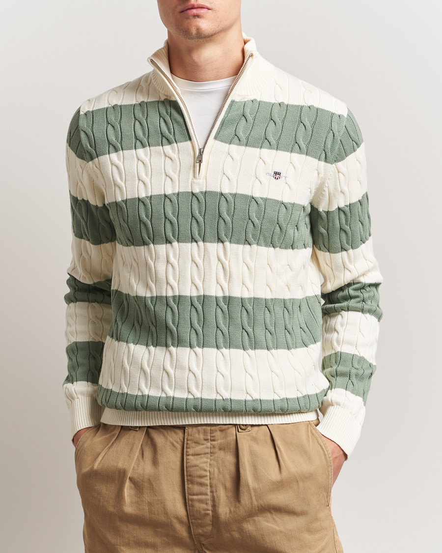 Herren | Pullover | GANT | Cotton Striped Cable Half Zip Kalamata Green