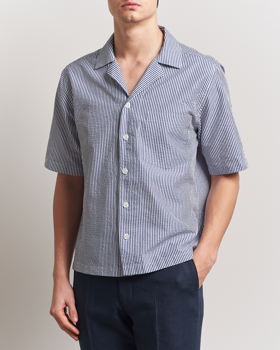 Herren | Hemden | Oscar Jacobson | Cuban Short Sleeve Seersucker Shirt Blue/White