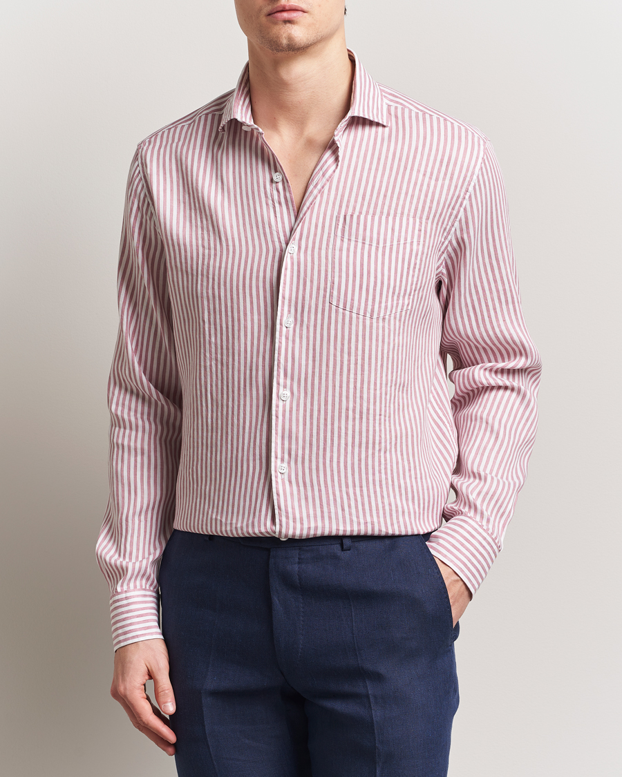 Herren | Hemden | Oscar Jacobson | Wide Spread Linen/Cotton Venetian Stripe Shirt Red
