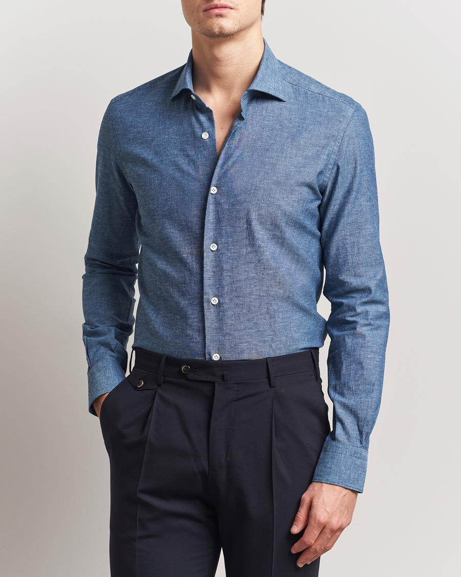 Herren | Hemden | Mazzarelli | Soft Linen Cut Away Shirt Dark Blue