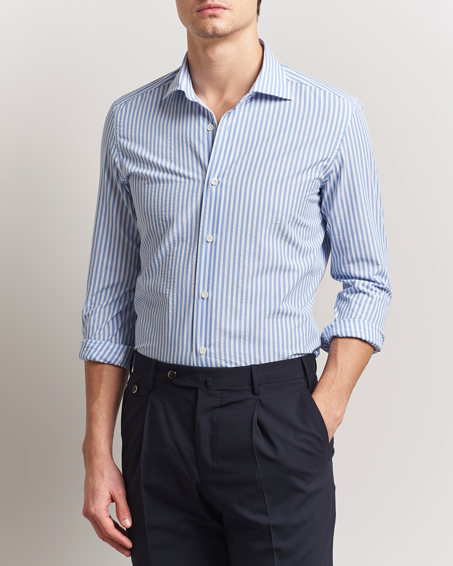Herren | Hemden | Mazzarelli | Soft Cotton Seersucker Shirt Light Blue Stripe