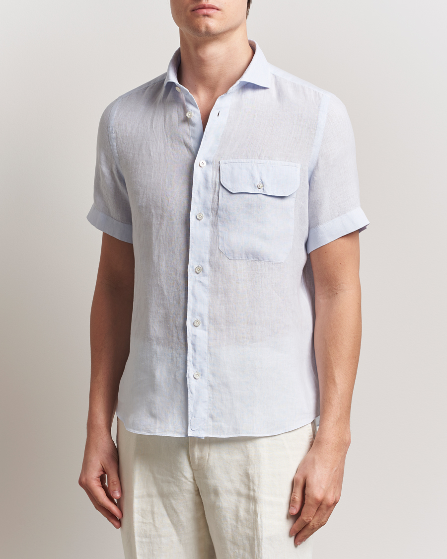 Herren | Hemden | Finamore Napoli | Linen Short Sleeve Sport Shirt Light Blue