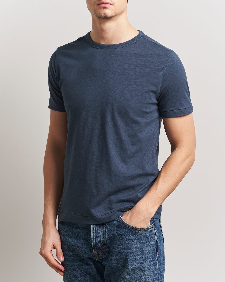Herren | T-Shirts | Merz b. Schwanen | Organic Pima Cotton Slub Crew Neck T-Shirt Denim Blue