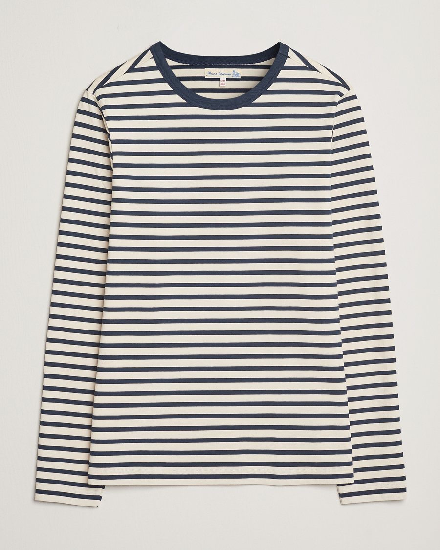 Herren | T-Shirts | Merz b. Schwanen | Relaxed Fit Striped Long Sleeve T-Shirt Ink/Nature