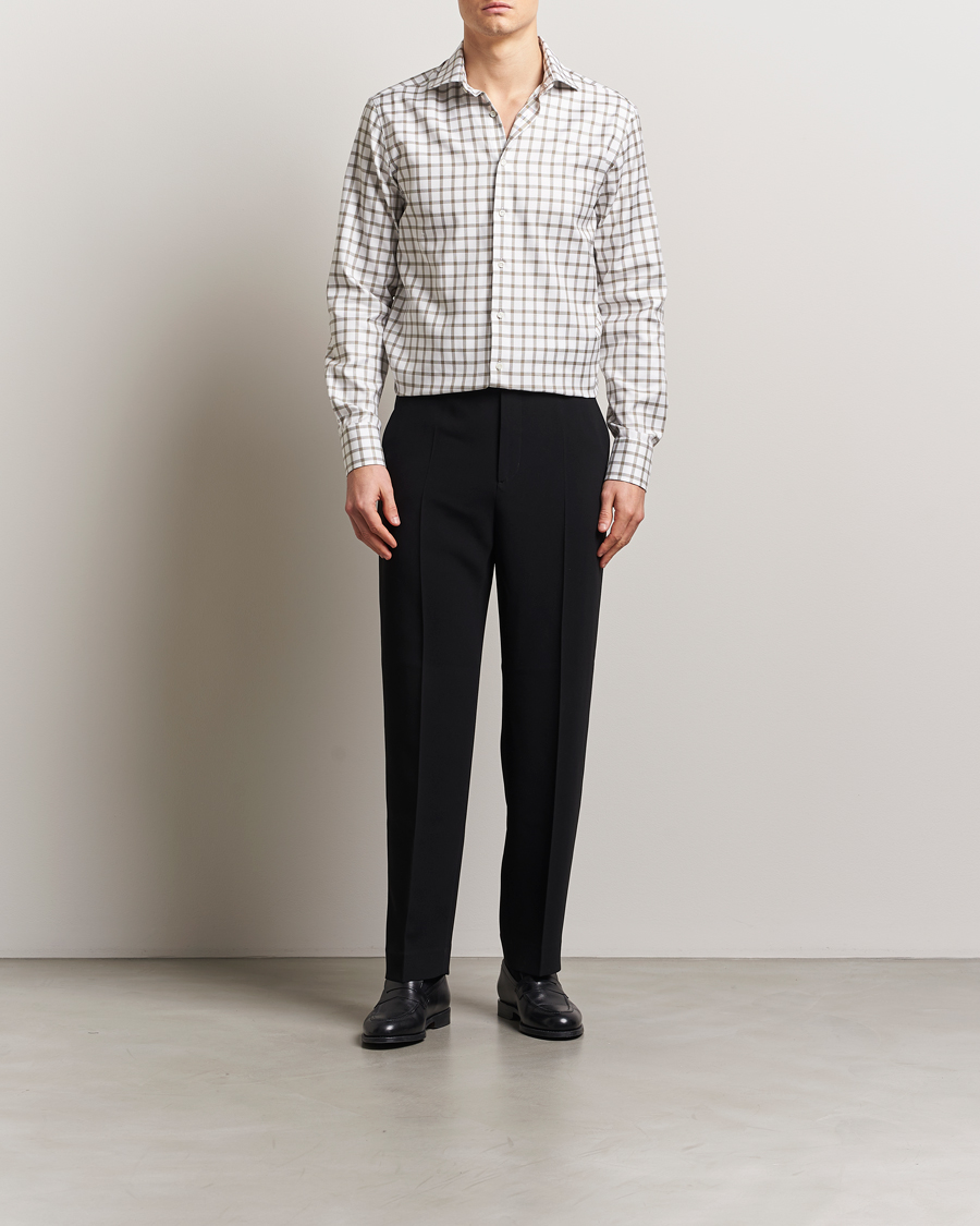 Herren | Hemden | Stenströms | Fitted Body Checked Cut Away Shirt Taupe/White