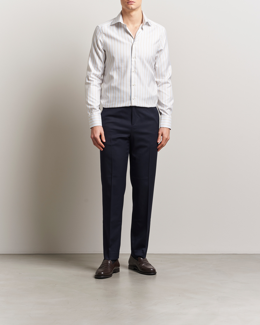 Herren | Hemden | Stenströms | Slimline Multi Striped Twill Shirt Blue/Beige