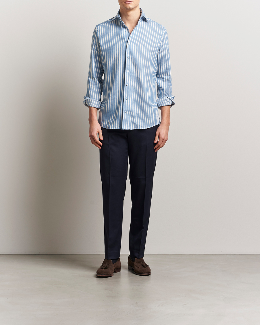 Herren | Hemden | Stenströms | 1899 Slimline Striped Linen/Lyocell Shirt Blue