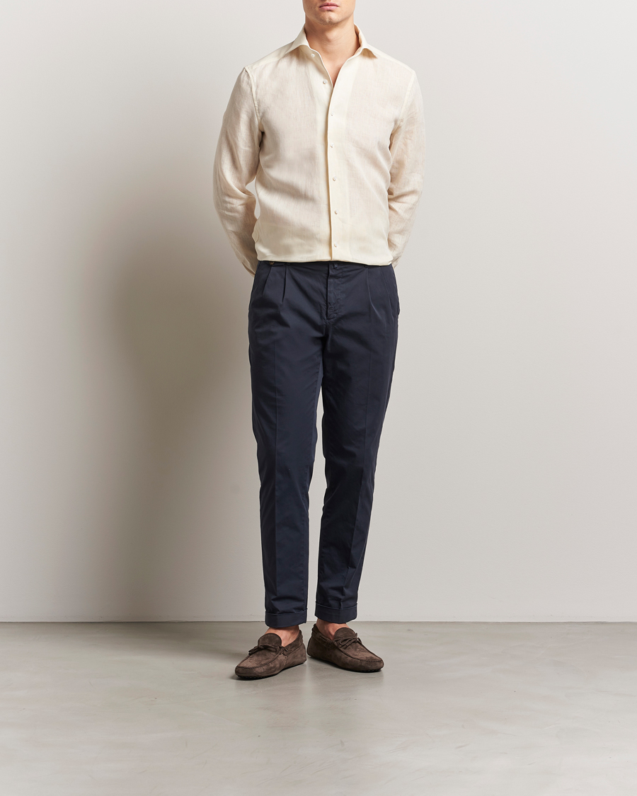 Herren | Hemden | Stenströms | 1899 Slimline Linen One Piece Collar Shirt Yellow