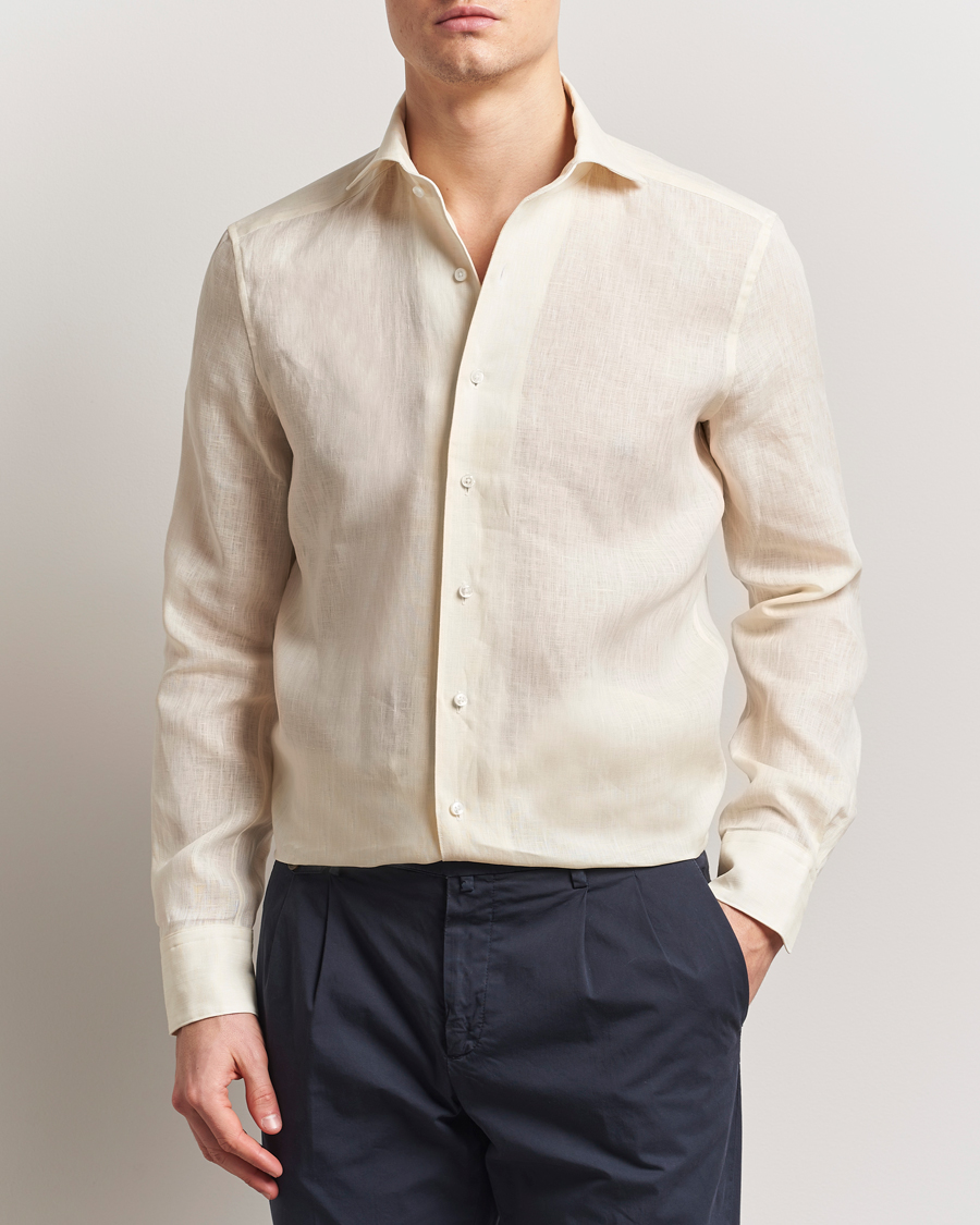 Herren | Hemden | Stenströms | 1899 Slimline Linen One Piece Collar Shirt Yellow