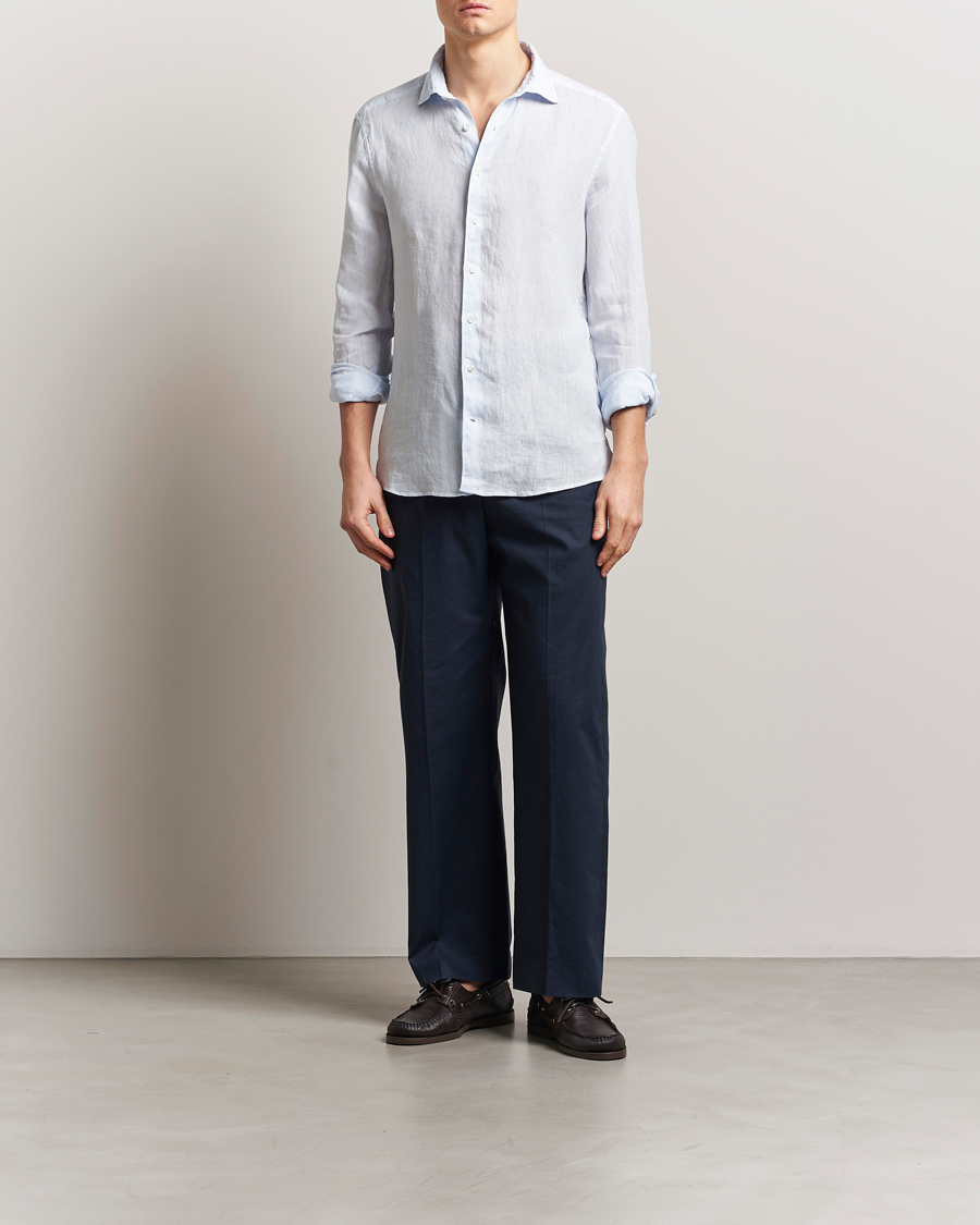 Herren | Hemden | Stenströms | Slimline Cut Away Linen Shirt Light Blue