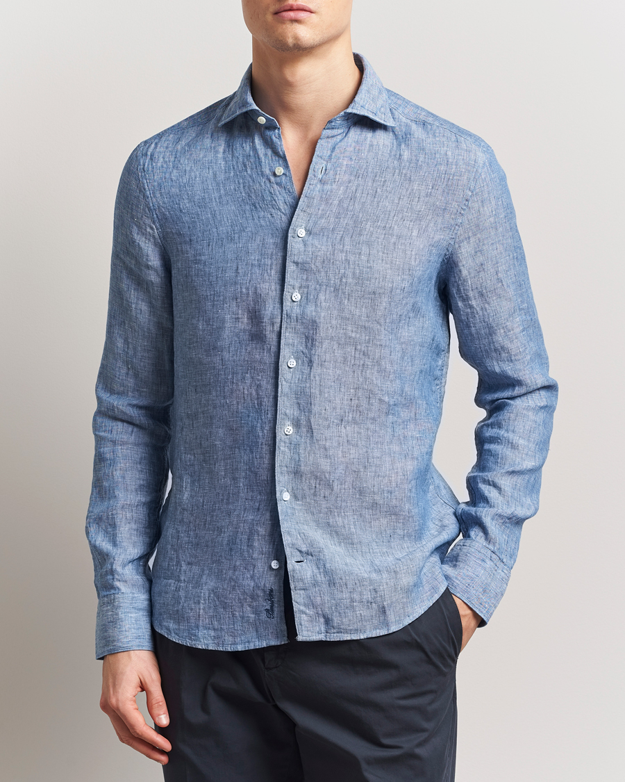 Herren | Hemden | Stenströms | Slimline Cut Away Linen Shirt Mid Blue
