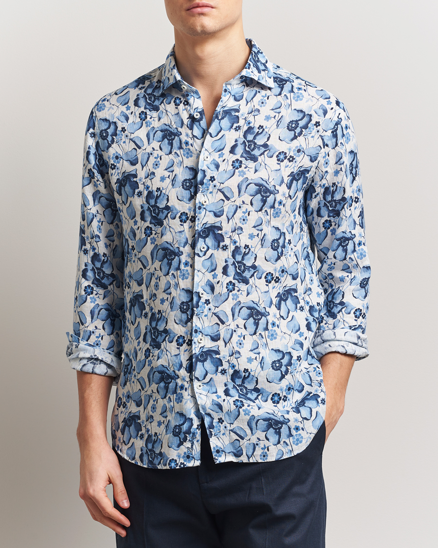 Herren | Hemden | Stenströms | Fitted Body Flower Printed Linen Shirt Blue