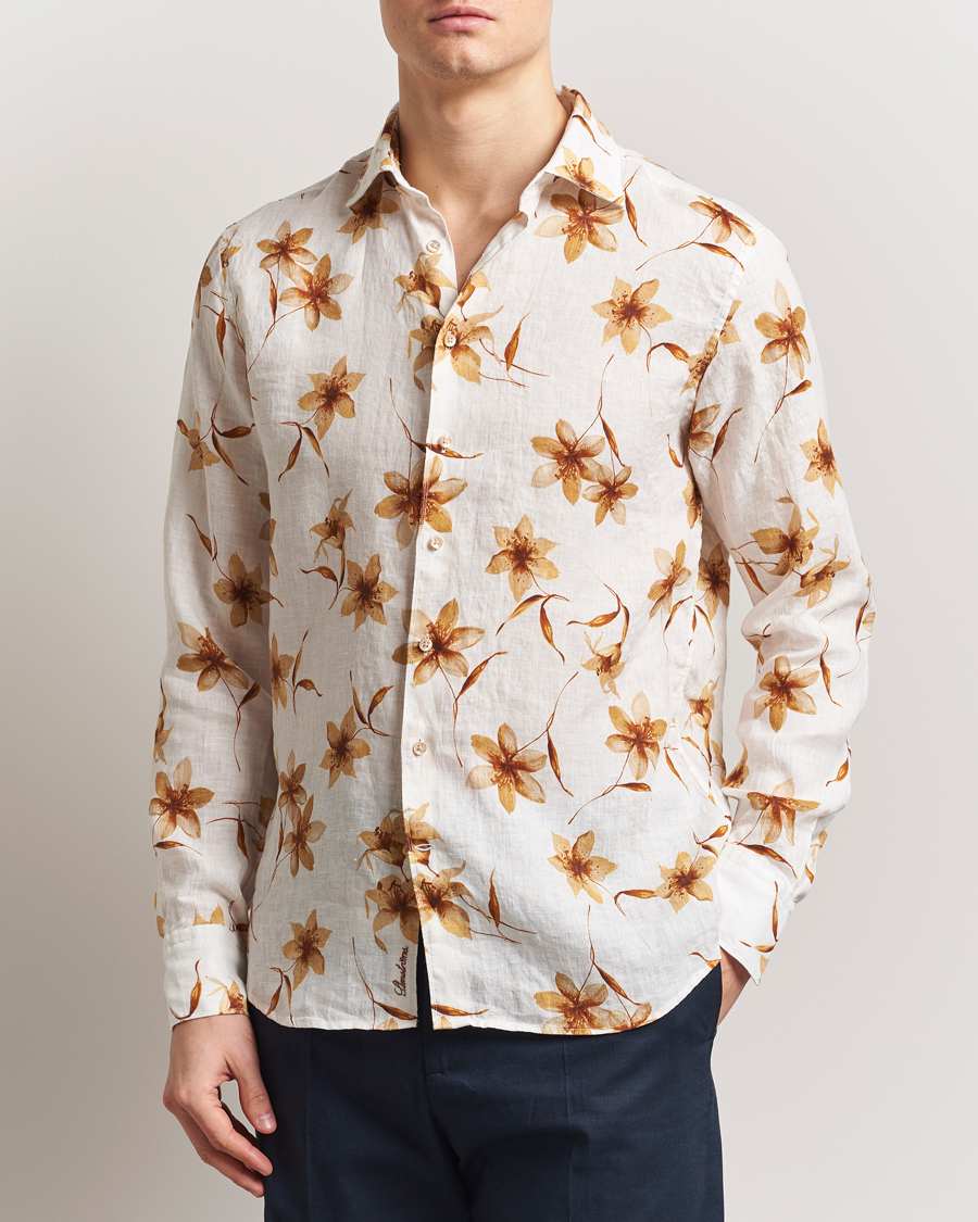 Herren | Hemden | Stenströms | Fitted Body Flower Printed Linen Shirt White