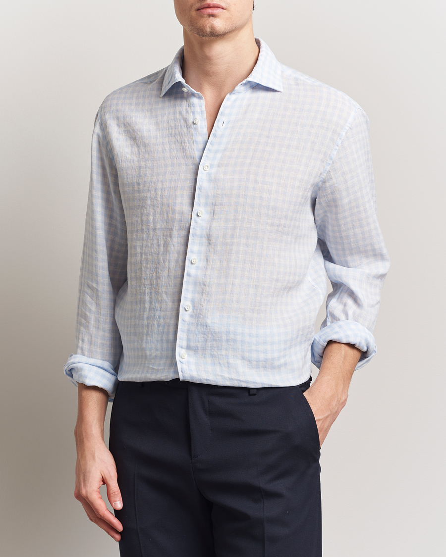 Herren | Hemden | Stenströms | Fitted Body Checked Linen Shirt Blue