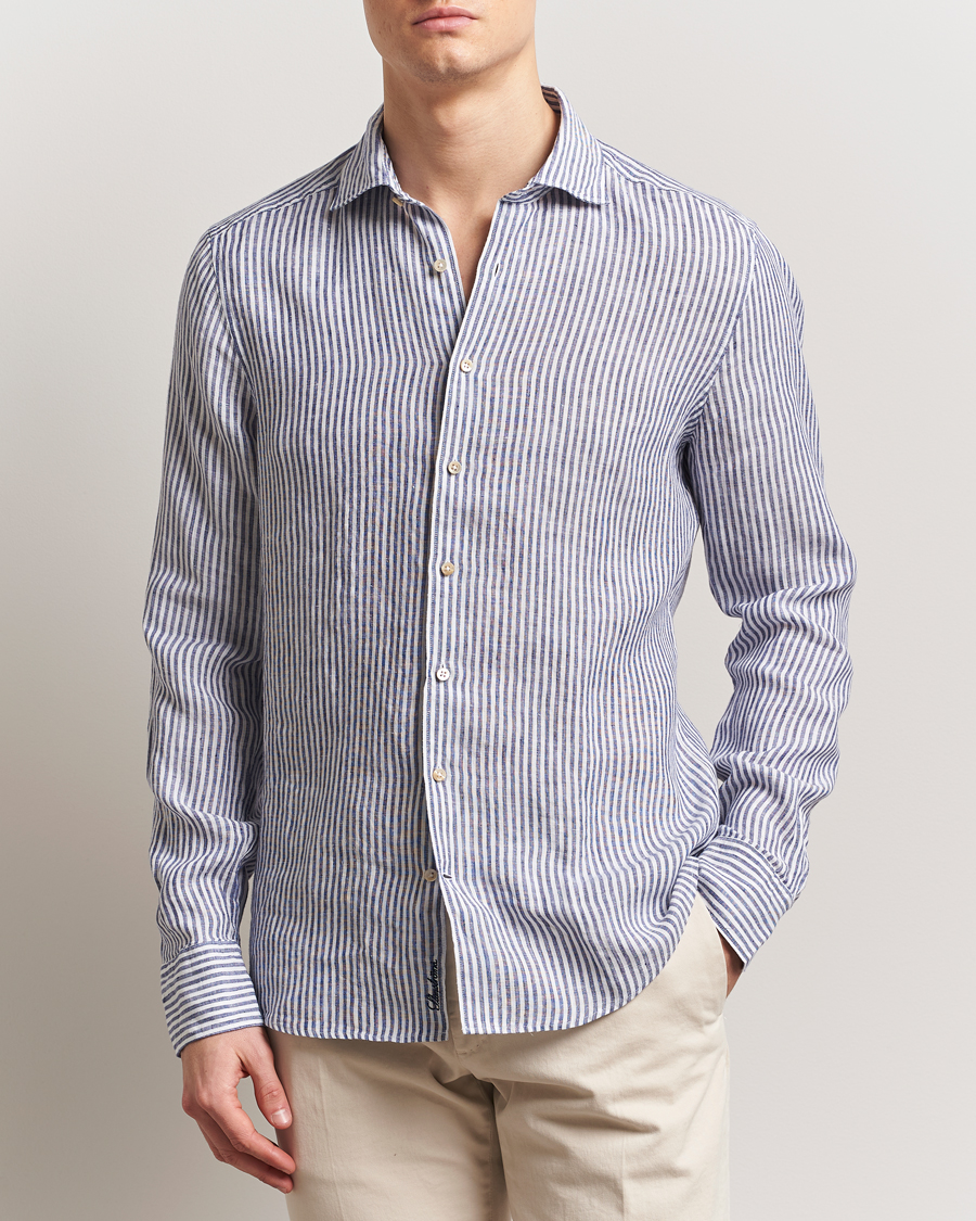 Herren | Hemden | Stenströms | Slimline Cut Away Striped Linen Shirt Dark Blue