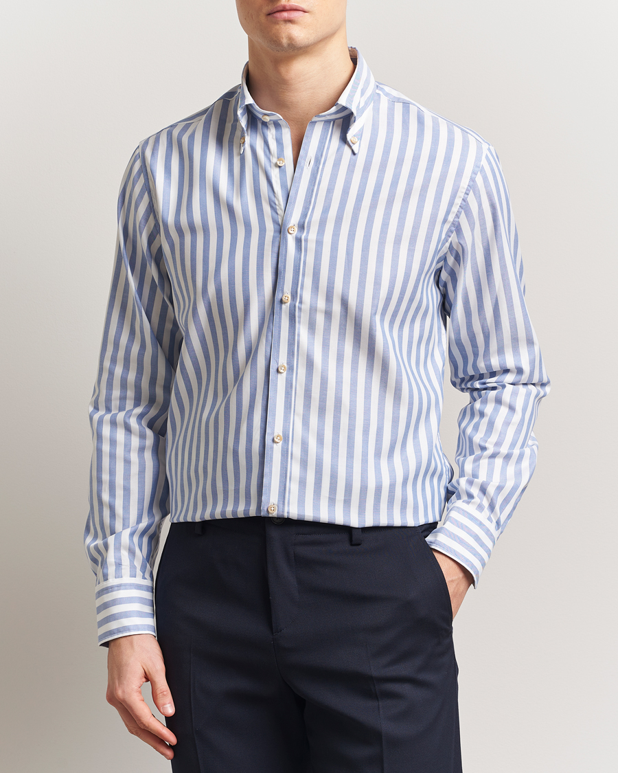 Herren | Hemden | Stenströms | Fitted Body Wide Stripe Oxford Shirt Blue
