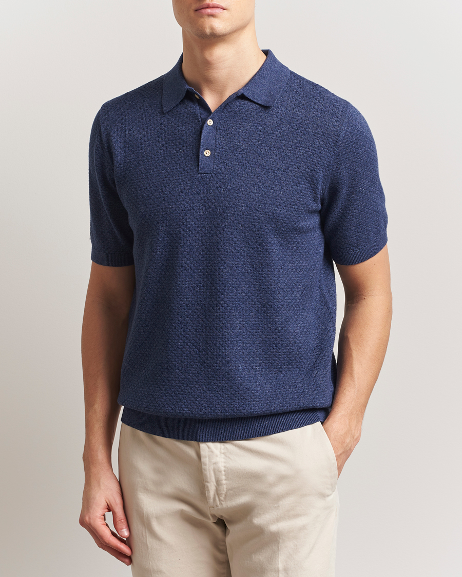 Herren | Poloshirts | Stenströms | Knitted Textured Cotton/Hemp Polo Navy