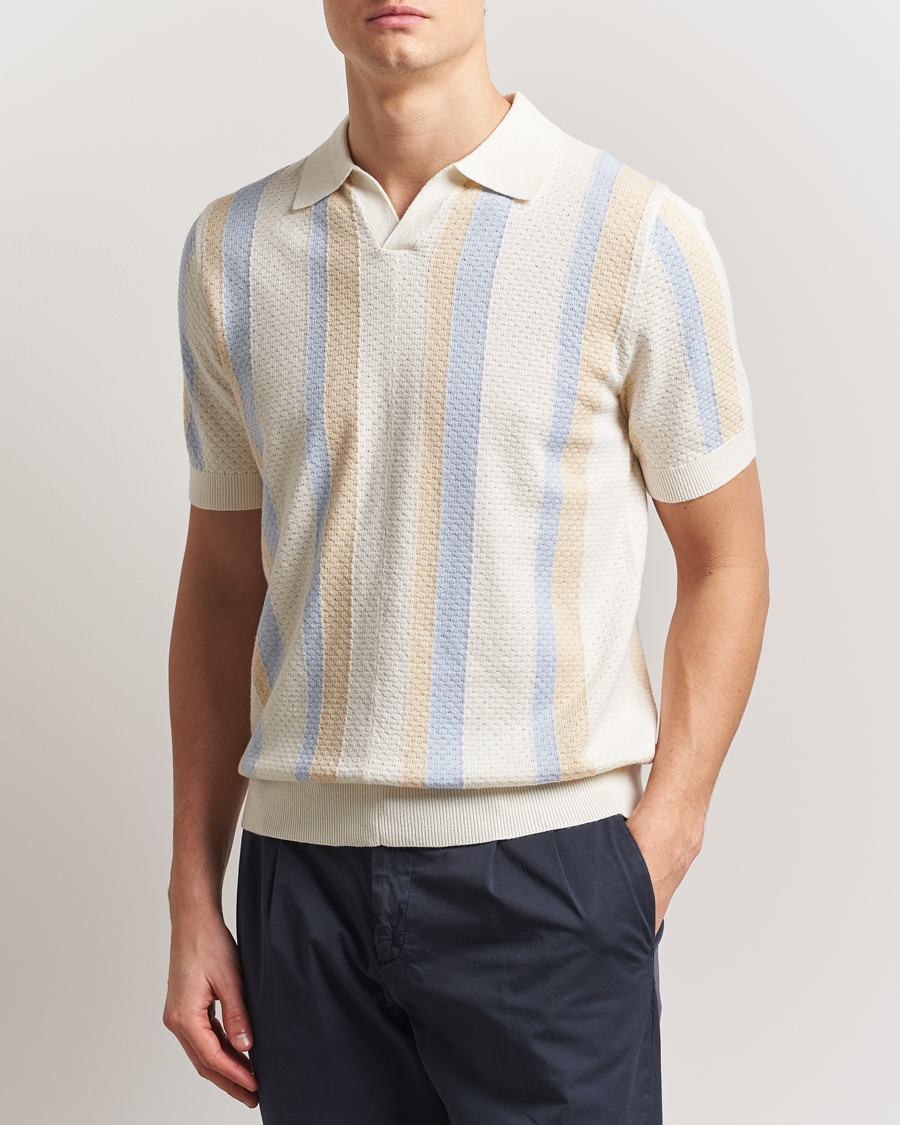 Herren | Poloshirts | Stenströms | Knitted Textured Striped Cotton/Hemp Polo Off White