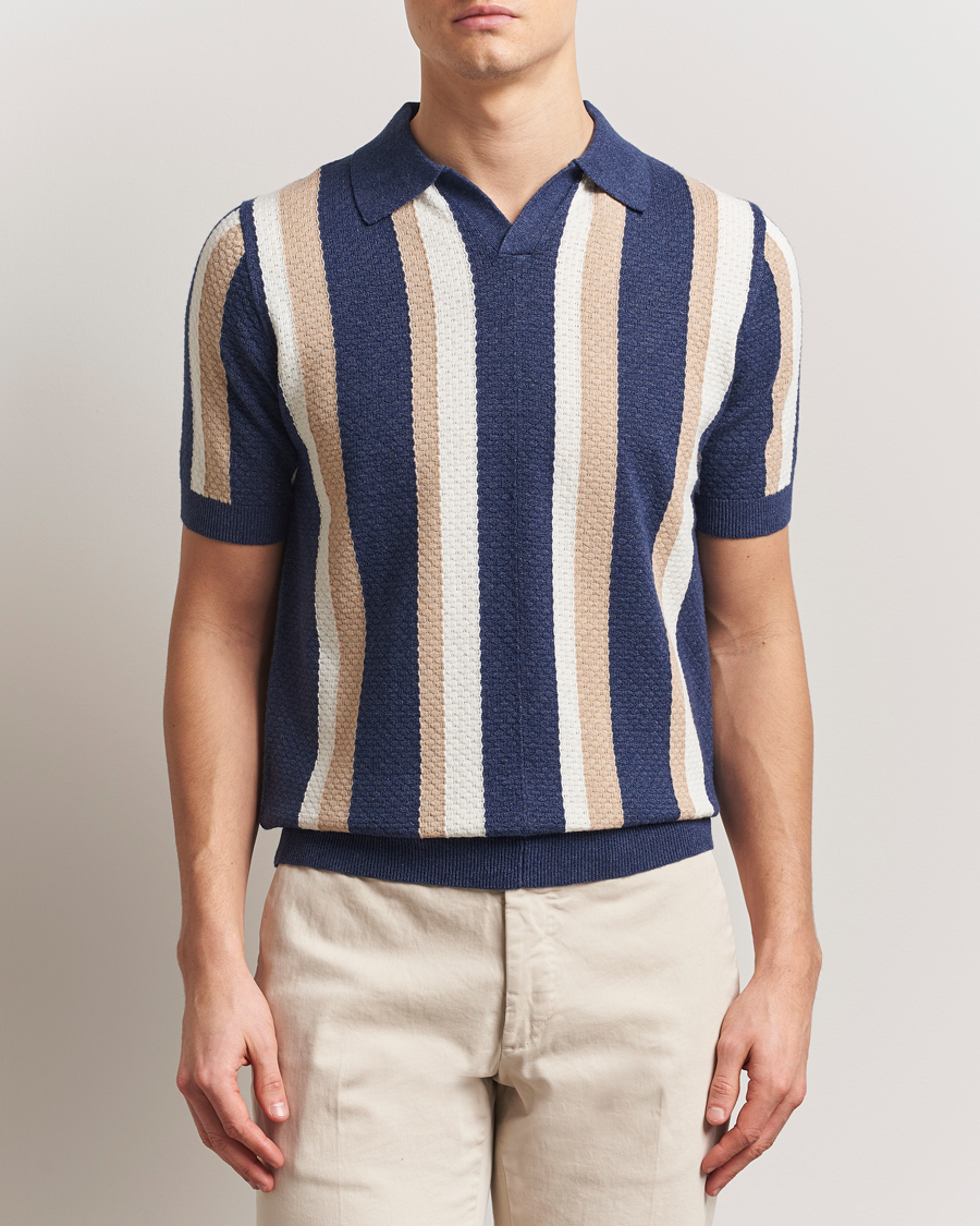 Herren | Poloshirts | Stenströms | Knitted Textured Striped Cotton/Hemp Polo Dark Blue