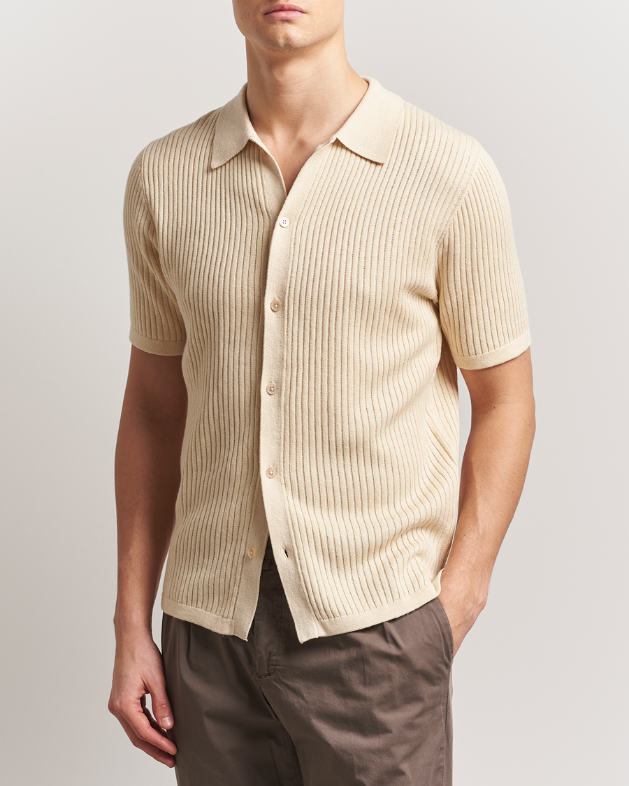 Herren | Hemden | Stenströms | Knitted Buttonthru Polo Shirt Beige