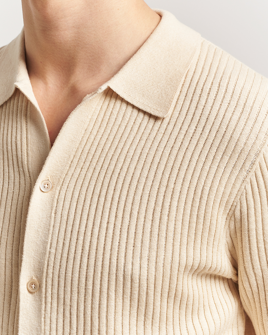 Herren | Hemden | Stenströms | Knitted Buttonthru Polo Shirt Beige