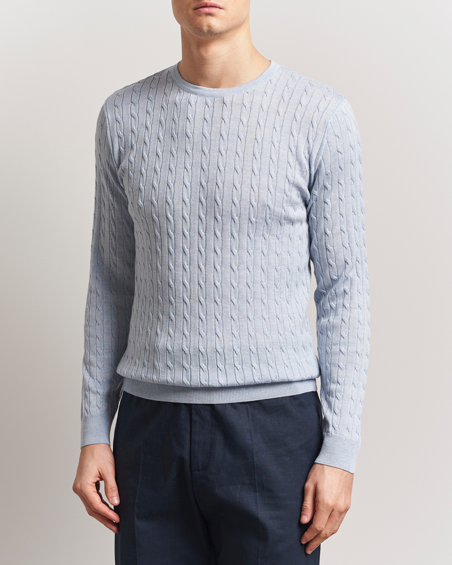 Herren | Pullover | Stenströms | Merino Cable Crew Neck Light Blue