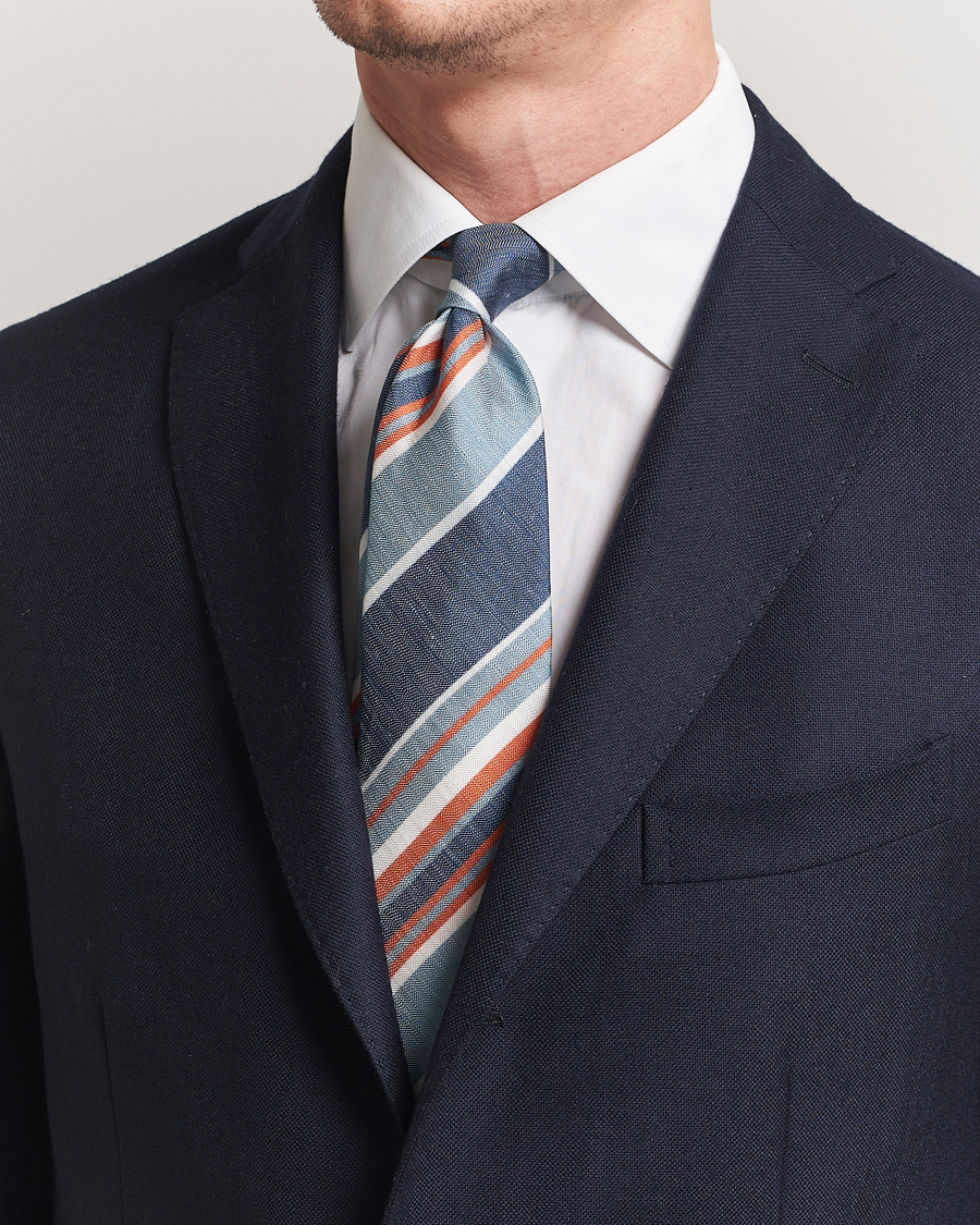 Herren | Krawatten | Stenströms | Silk/Linen Mutli Striped Tie Blue