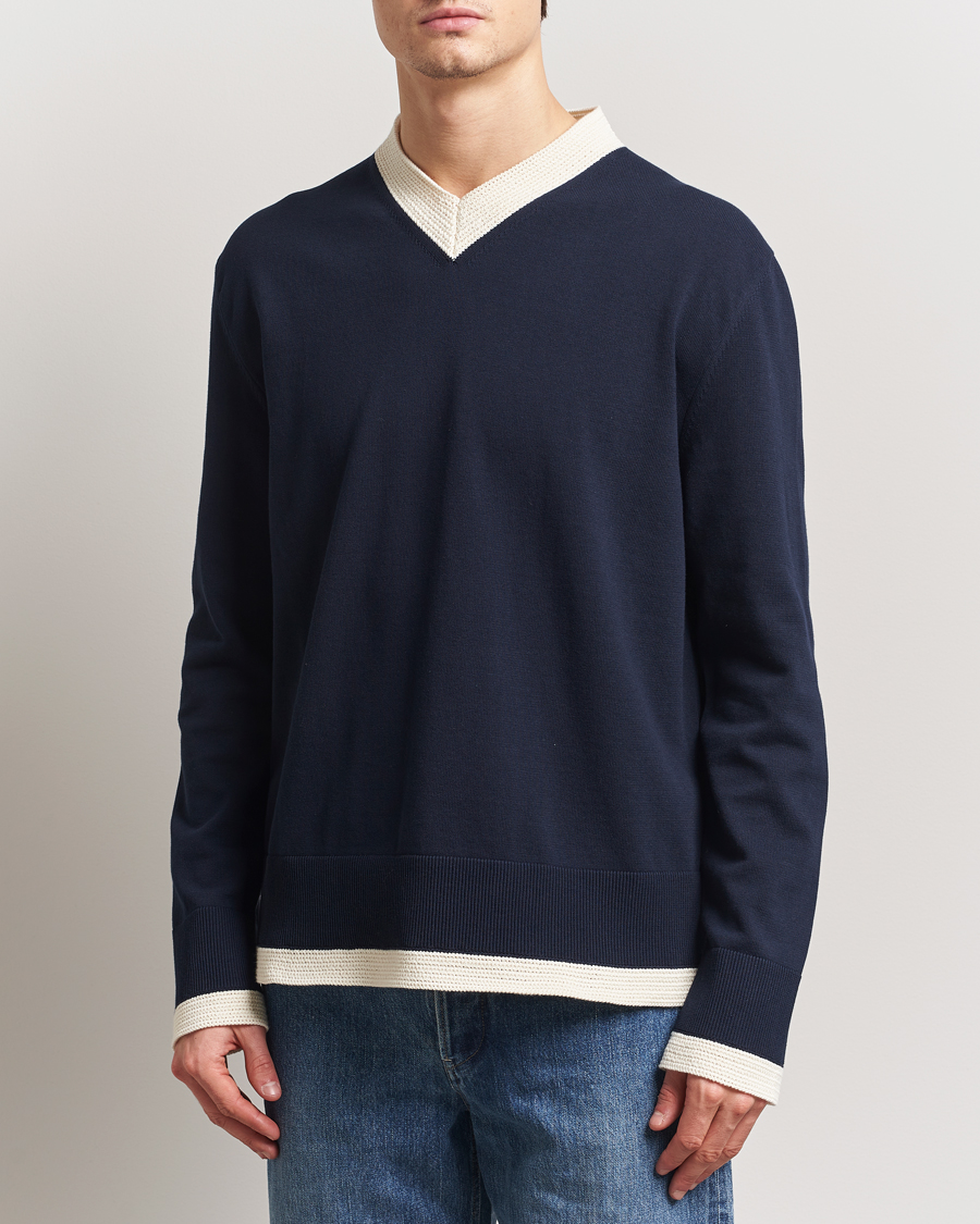 Herren | Pullover | Jil Sander | Contrast Trim V-Neck Sweater Navy