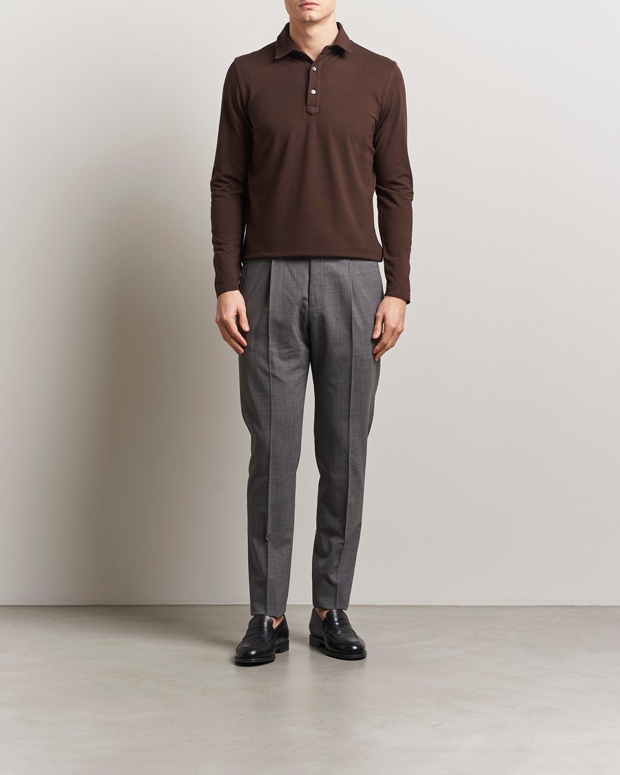 Herren | Poloshirts | Zanone | Soft Cotton Piquet Long Sleeve Polo Dark Brown