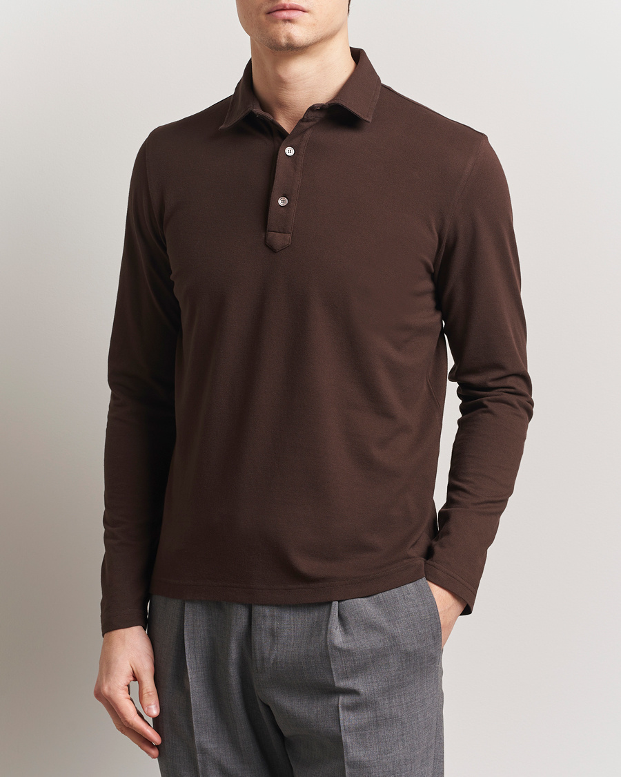 Herren | Poloshirts | Zanone | Soft Cotton Piquet Long Sleeve Polo Dark Brown