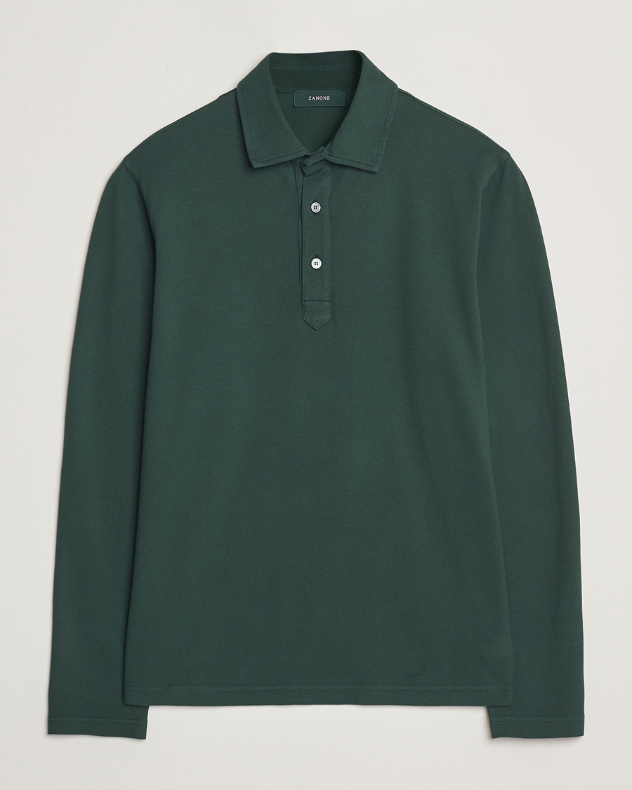 Herren | Poloshirts | Zanone | Soft Cotton Piquet Long Sleeve Polo Dark Green