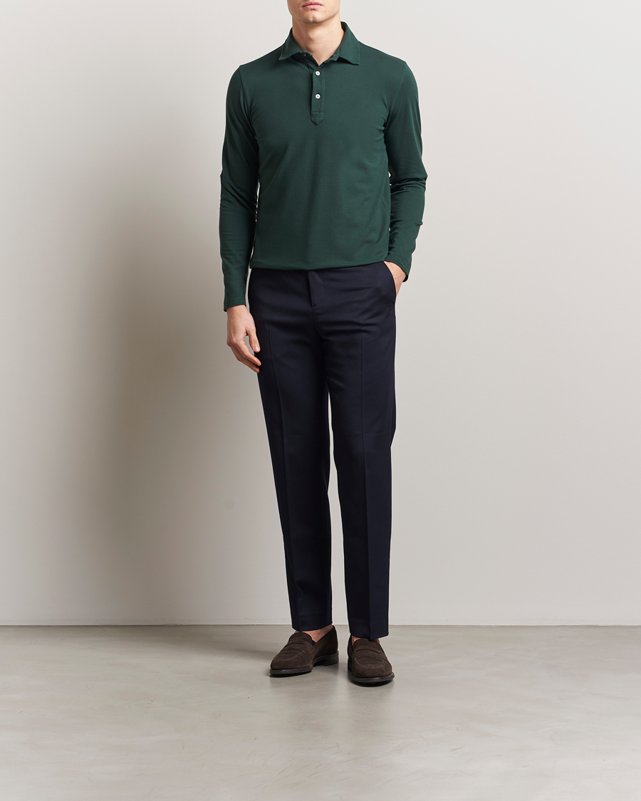Herren | Poloshirts | Zanone | Soft Cotton Piquet Long Sleeve Polo Dark Green