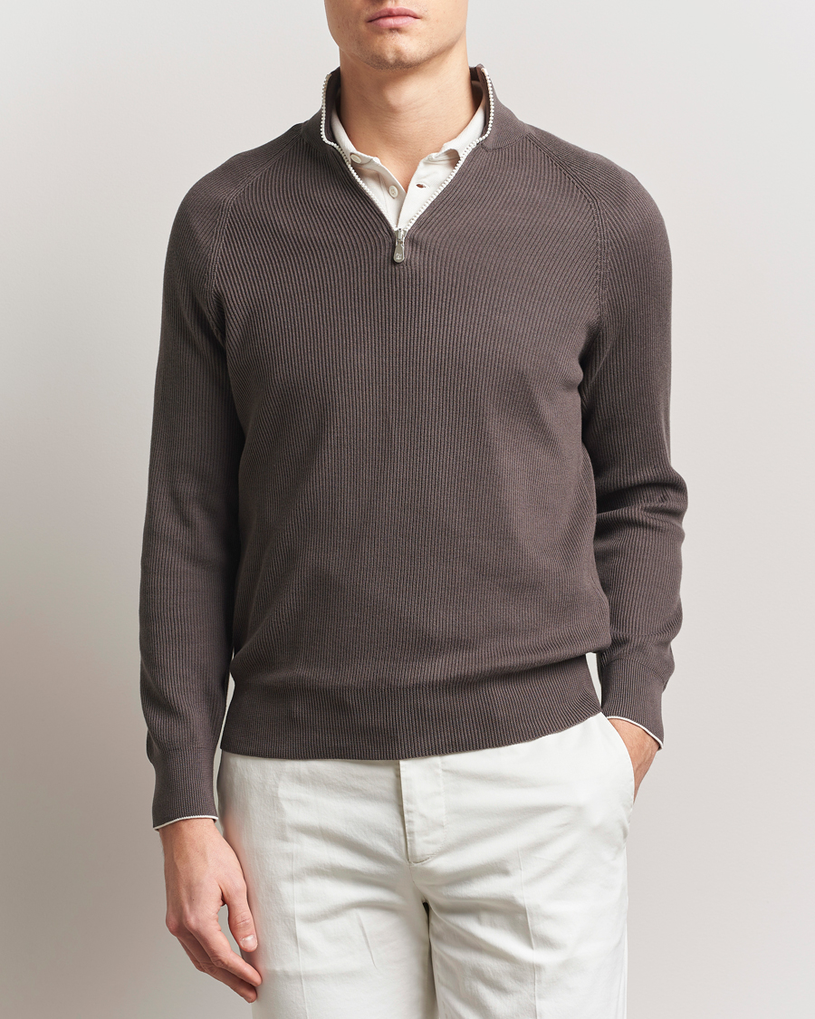 Herren | Pullover | Brunello Cucinelli | Cotton Rib Half Zip Dark Brown