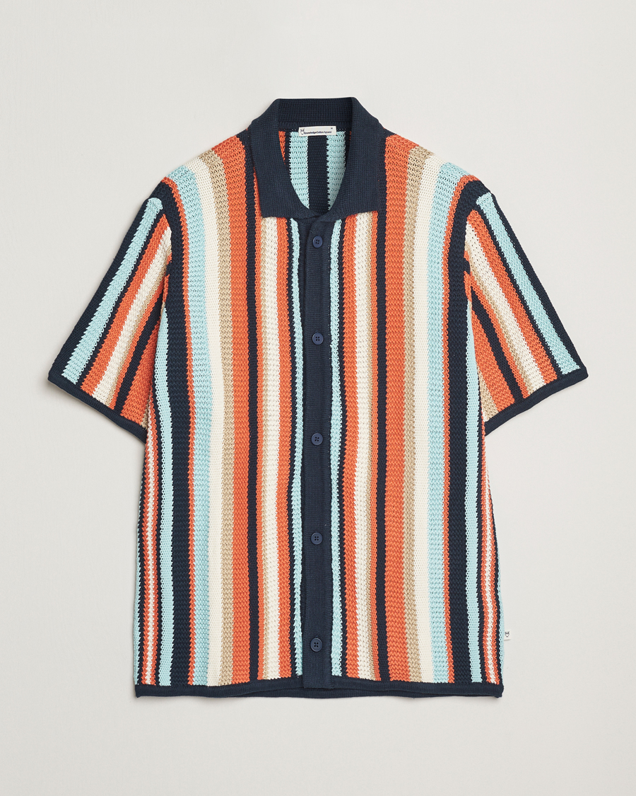 Herren | Hemden | KnowledgeCotton Apparel | Knitted Multi Stripe Short Sleeve Shirt Blue