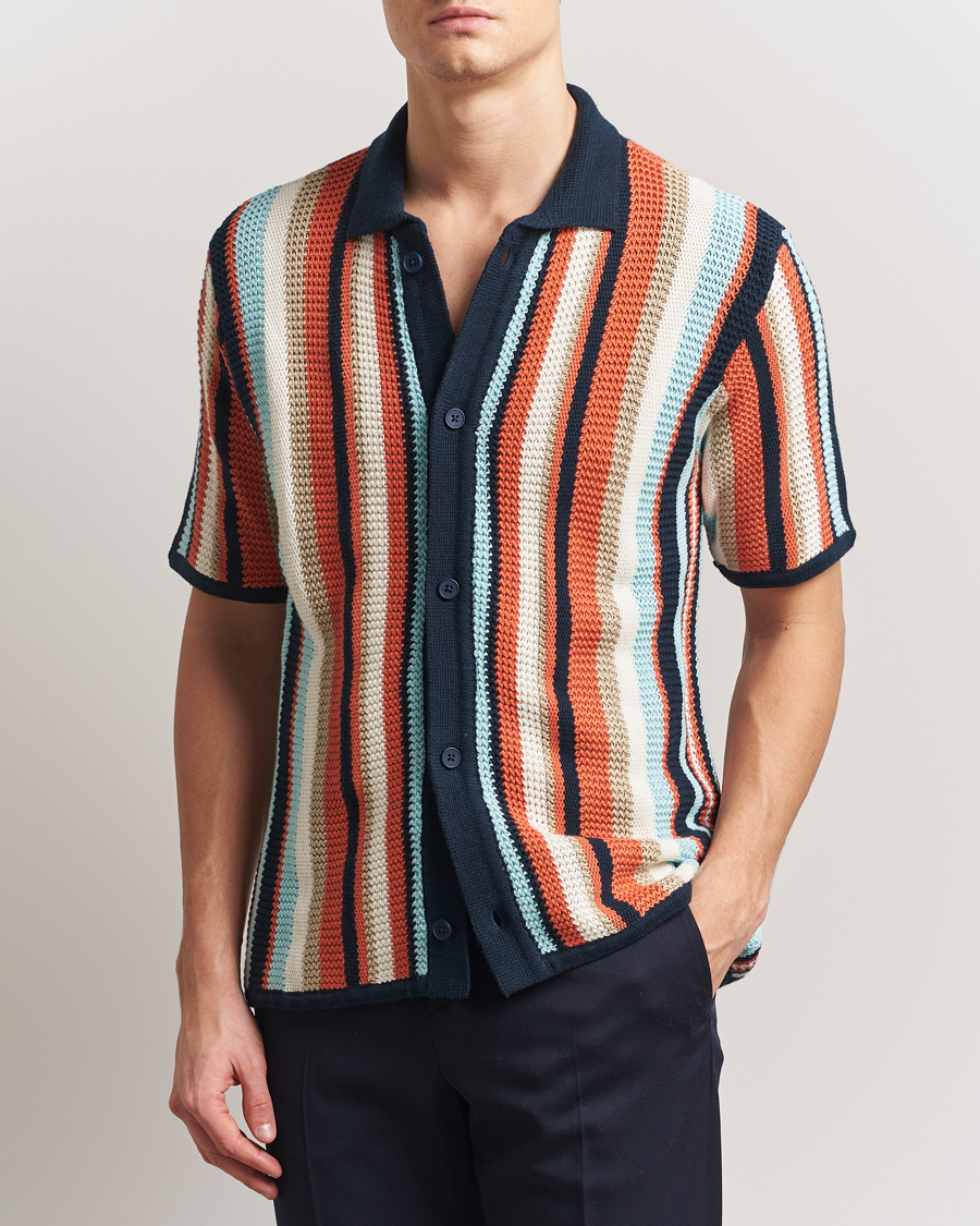 Herren | Hemden | KnowledgeCotton Apparel | Knitted Multi Stripe Short Sleeve Shirt Blue
