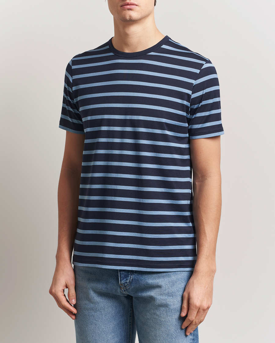 Herren | T-Shirts | Sunspel | Striped Crew Neck Q82 Cotton T-Shirt Navy/Como Blue