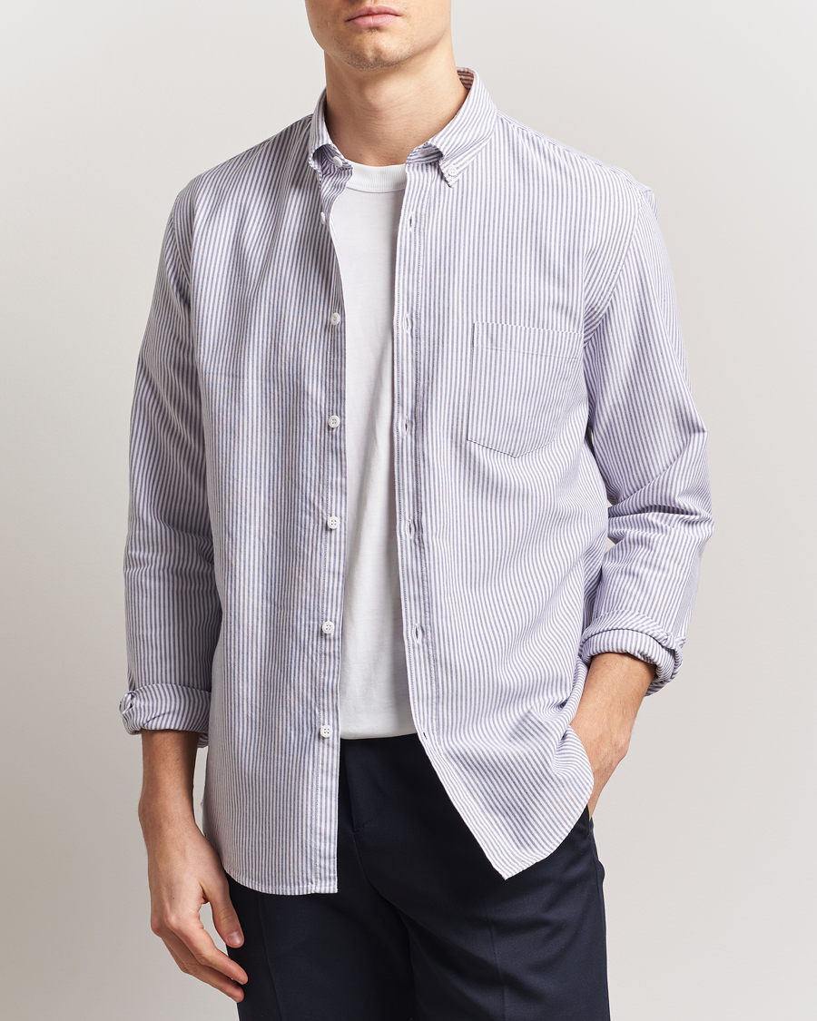 Herren | Hemden | Sunspel | Striped Oxford Button Down Shirt White/Navy