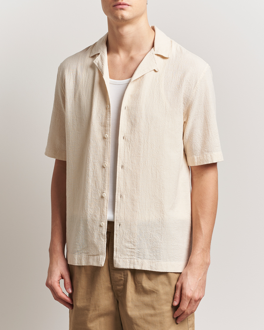 Herren | Hemden | Sunspel | Loose Weave Check Cotton Camp Shirt Ecru