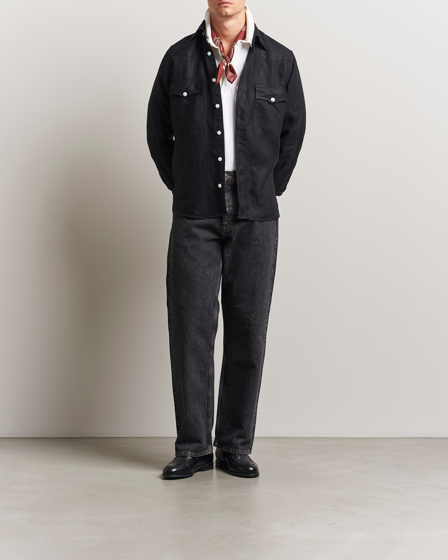 Herren | Hemden | Drake's | Linen Twill Western Shirt Black
