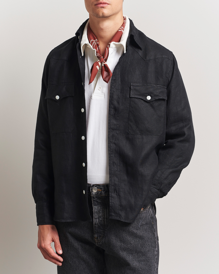 Herren | Hemden | Drake's | Linen Twill Western Shirt Black